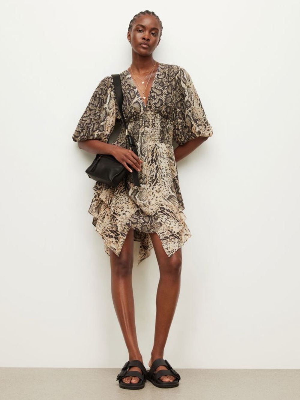 Allsaints animal Print V-Neck Ruffle Mini Dress - Beige/Black